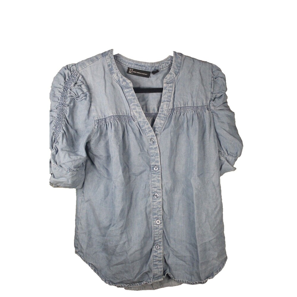 New York & Co Blue Puff Ruffled Short Sleeve Button Down Blouse Size Small S